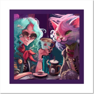 Blue Haired Girl and Fancy Cat Share Tea at a Cafe Posters and Art